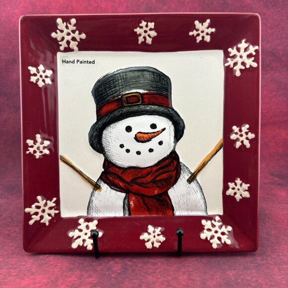 ST. NICHOLAS SQUARE YULETIDE SNOWMAN PLATE HOLIDAY CHRISTMAS STONEWARE, 8.5 inch - Picture 1 of 4